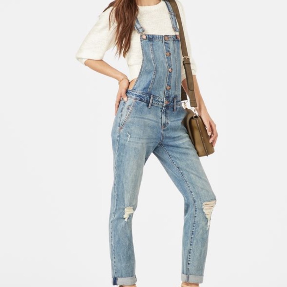 Button Front Relaxed Denim Overalls